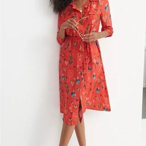 Anthropologie Farm Rio 1X Red Heart Print Long Sleeve Button Up Dress